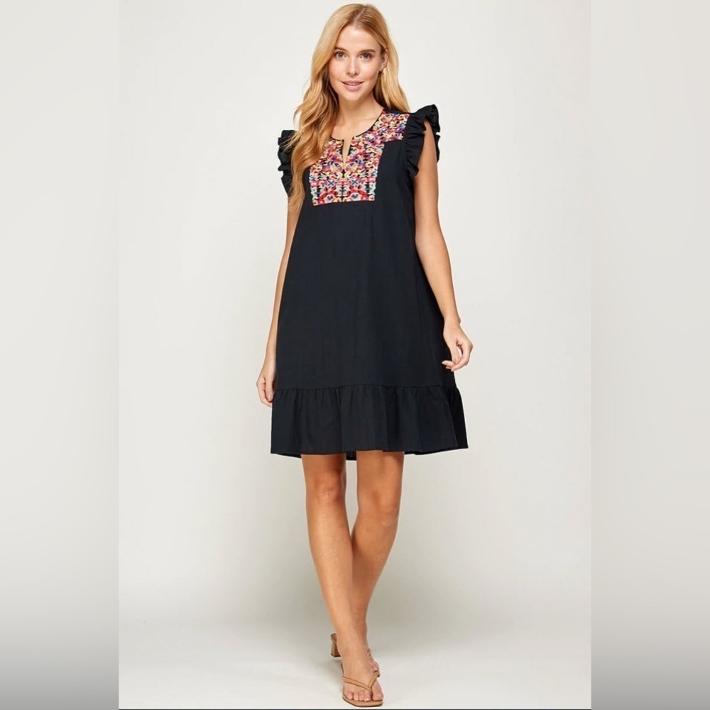 Floral Embroidered Ruffle Dress Size Large Black Short Sleeve Brand new - Picture 2 of 8